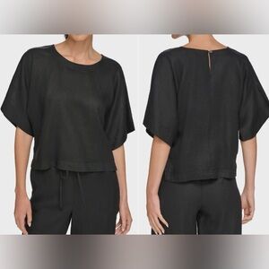 Women’s DKNY Pure Dropped Shoulder Linen Blend Top Black Size XL